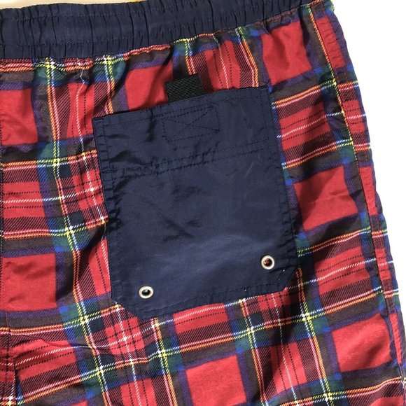 Vintage CHAPS RALPH LAUREN Navy Blue Red Plaid Swim Trunks LINED | Mens Sz M J49 - Picture 5 of 5